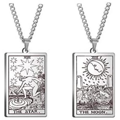 2 Pcs Retro Vintage Stainless Steel Tarot Card Rider Waite Pendant Necklaces Laser Engraved Astrology Divination Magic Amulet Necklaces for Women Mens Teens Friendship Jewelry Gifts