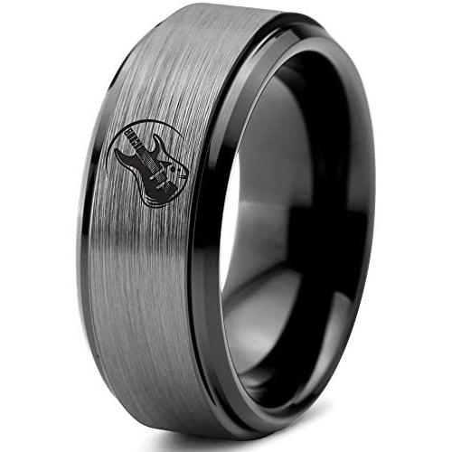 Musician Electric Guitar Ring - Tungsten Band 8mm - Men - Women - 18k Rose Gold Step Bevel Edge - Yellow - Grey - Blue - Black - Brushed - Polished - Wedding - Gift Dome Flat