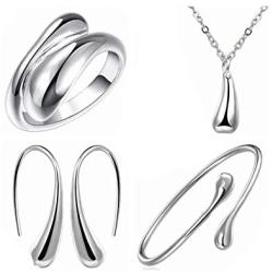 Syhonic 925 Sterling Silver Jewelry Set for Women, Teardrop Necklace + Earring + Ring + Bangle Set for 4 Pcs, Party Mothers Day Prom Wedding Fashion Accessories Gift