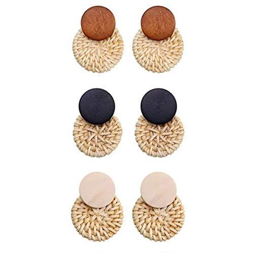 TenFit 3 Pairs Rattan Earrings For Women Girl Vacation Handmade Straw Wicker Braid Drop Dangle Earrings Lightweight Circle Statement Earrings