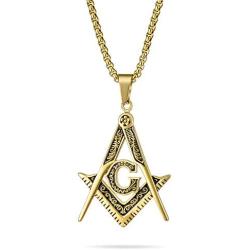 Bling Jewelry Black Oxidized Large Freemason Secret Society Square & Compass Masonic Symbol Pendant Necklace for Men Silver Gold Tone Stainless Steel with Bead Chain