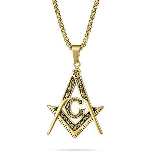 Bling Jewelry Black Oxidized Large Freemason Secret Society Square & Compass Masonic Symbol Pendant Necklace for Men Silver Gold Tone Stainless Steel with Bead Chain
