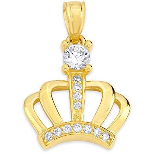 10k Real Solid Gold Crown Pendant Set with Cubic Zirconia Stones, Royal Jewelry Tiara Charm Gifts