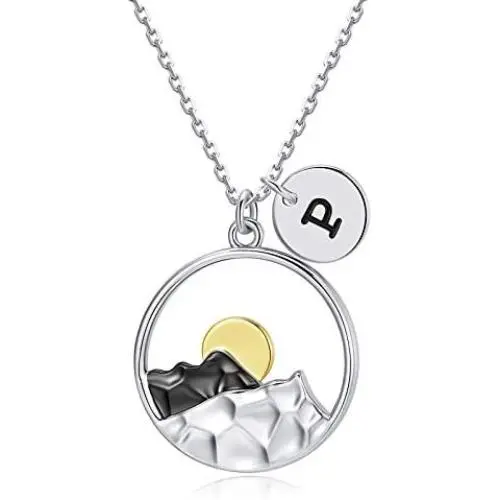 GORSKOY Initial A-Z Round Disc Snowy Mountain Pendant Necklace White Gold Plated for Outdoor Lovers Mountain Range Necklace for Nature Lovers GORSKOY Initial A-Z Round Disc Snowy Mountain Pendant Necklace White Gold Plated for Outdoor Lovers Mountain Range Necklace for Nature Lovers