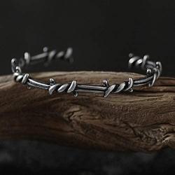 Barsly Men Bangle Open Cuff Twist Thorns Wire Titanium Steel Geometric Bracelet Open Cuff Barbed Jewelry Viking Bangles