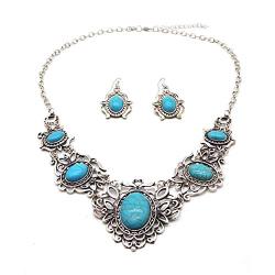 Turquoise Necklace Earrings Sets Bohemian Bib Pendant Costume Jewelry Fashion Geometric Flower Chain for Women and Girls Gift Christmas Thanksgiving