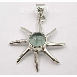 SilverStarJewel Solid Sterling Silver Natural Round Cab Apatite Sun Necklace Pendant 1.3''