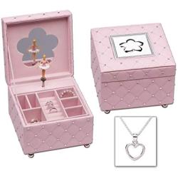Girls Luxury Pink Music Jewelry Box with Ballerina and Little Girls Sterling Silver Heart Necklace