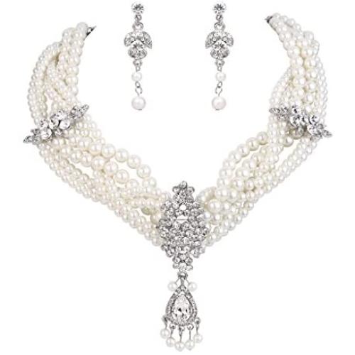 BriLove Womens Bohemian Boho Crystal Simulated Pearl Multi Twist Strand Art Deco Statement Necklace Dangle Earrings Set Clear Silver-Tone