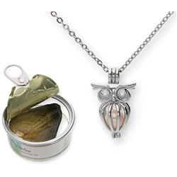 Pearlina Owl Cultured Pearl in Oyster Necklace Set Silver-tone Cage w/Stainless Steel Chain 18''