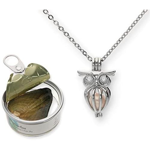 Pearlina Owl Cultured Pearl in Oyster Necklace Set Silver-tone Cage w/Stainless Steel Chain 18''