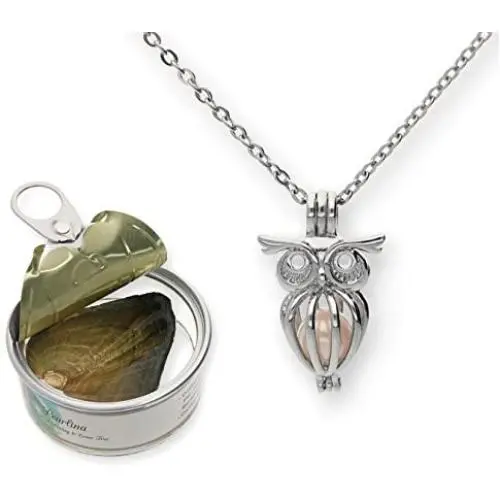 Pearlina Owl Cultured Pearl in Oyster Necklace Set Silver-tone Cage w/Stainless Steel Chain 18'' Pearlina Owl Cultured Pearl in Oyster Necklace Set Silver-tone Cage w/Stainless Steel Chain 18''