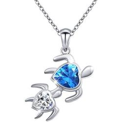 Sterling Silver Mom and Baby Turtle Necklace Stud Earrings Anklet Cubic Zirconia Heart Pendant Turtle Jewelry Set for Women