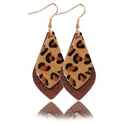Senteria Genuine Leather Leopard Earrings Set Lightweight Double Layer Teardrop Petal Leaf Leather Dangle Earrings Bohemian Leather Drop Earring for Women Jewelry
