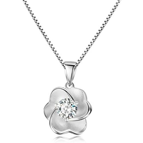 Carleen Sterling Silver Solitaire Stunning Cubic Zirconia CZ Simulated Diamond Rose Flower Pendant Necklace Jewelry Gifts for Women Girls Mom Her, Box Chain Length 18''