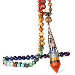 Bivei 7 Chakra Healing Necklace with Real Stones 12 Faceted Prism Witch Pendulum Crystal Gemstone Hand Knotted 108 Beads for Meditation Anxiety Yoga Beads