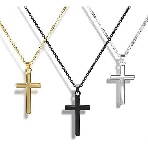 AK-SHIP Cross Necklace, Gold Silver Black Stainless Steel Plain Cross Pendant Necklace Box Chain【20 Inches】