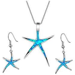 KOEDLN Starfish Necklace Earrings Jewelry Set with Blue Purple Opal Ocean Sea Animal Beach Jewelry for Women Girls