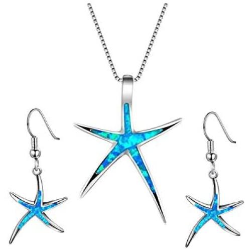 KOEDLN Starfish Necklace Earrings Jewelry Set with Blue Purple Opal Ocean Sea Animal Beach Jewelry for Women Girls