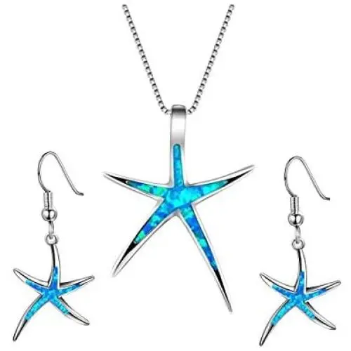 KOEDLN Starfish Necklace Earrings Jewelry Set with Blue Purple Opal Ocean Sea Animal Beach Jewelry for Women Girls KOEDLN Starfish Necklace Earrings Jewelry Set with Blue Purple Opal Ocean Sea Animal Beach Jewelry for Women Girls