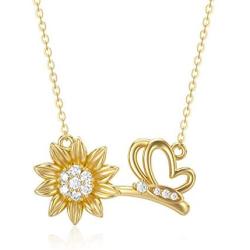YDD 14K Gold Pendant Necklace Butterfly Necklace Sunflower Necklace Sunflower Charm, Flower Necklace,Sunshine Jewelry Gift for Women Girls