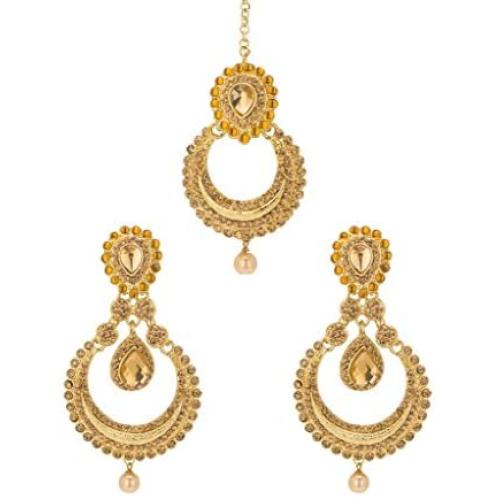 Bindhani Womens Indian Bollywood Style Jewellery Hair Accessories Maang Tika Headpiece Bridal Bridesmaid Wedding Traditional Bahubali Gold Plated Chandbali Kundan Earrings Mang Tikka Jewelry