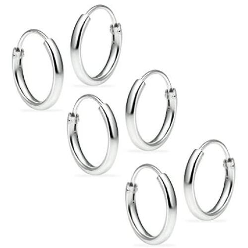 Silverline Jewelry 925 Sterling Silver 3 Pairs 10mm Small Endless Round Huggie Sleeper Hoop Earrings Cartilage/Nose/Lips