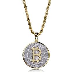 Moca Jewelry Hip Hop Iced Out Bling Personality Bitcoin Pendant 18K Gold Plated Chain Necklace for Men Women