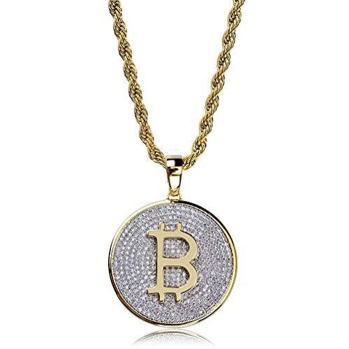 Moca Jewelry Hip Hop Iced Out Bling Personality Bitcoin Pendant 18K Gold Plated Chain Necklace for Men Women