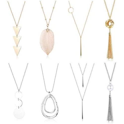 FUNRUN JEWELRY 8PCS Long Pendant Necklace Bar Pearl Knot Tassel Necklace Double Circle Arrow Leaf Y Necklace Set