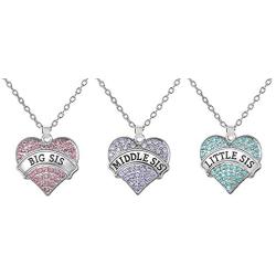 Set of 3 Big Sis, Middle Sis, Little Sis Colorful Valentine Heart Matching Necklace Jewelry Gift Set - Sister Necklaces for 3