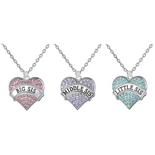 Set of 3 Big Sis, Middle Sis, Little Sis Colorful Valentine Heart Matching Necklace Jewelry Gift Set - Sister Necklaces for 3