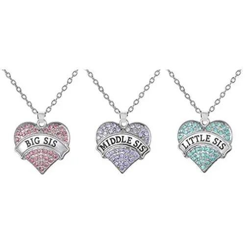 Set of 3 Big Sis, Middle Sis, Little Sis Colorful Valentine Heart Matching Necklace Jewelry Gift Set - Sister Necklaces for 3