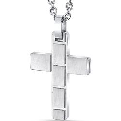 Peora Stainless Steel Cross Pendant Mens Brick Pattern Necklace Fathers Day Gift, 22 Inch Chain