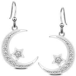 Sterling Silver Round Cubic Zirconia Crescent Moon & Star Dangle Earrings Star Jewelry for Women