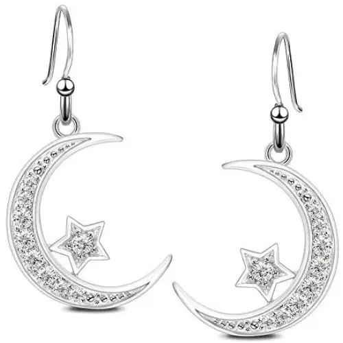 Sterling Silver Round Cubic Zirconia Crescent Moon & Star Dangle Earrings Star Jewelry for Women Sterling Silver Round Cubic Zirconia Crescent Moon & Star Dangle Earrings Star Jewelry for Women