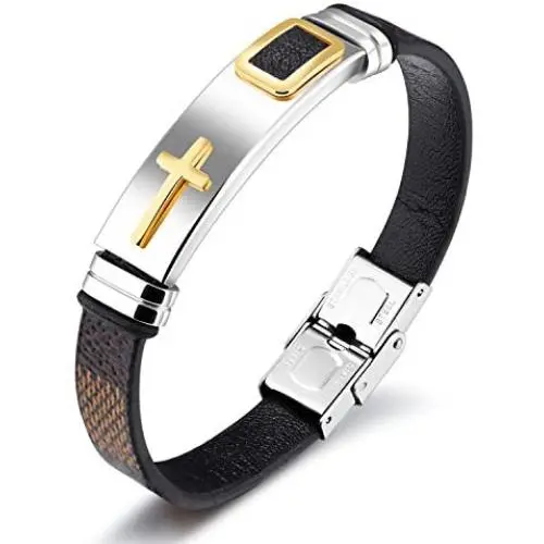 Starlight Cross Religious Bracelets for Men，Stainless Steel and Silicone Leather Mens Cuff Bangle for Teen Boys and Man (Brown 18.5)