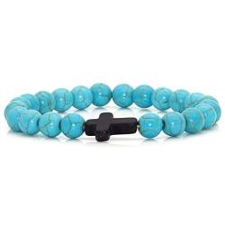 Xusamss Fashion Religious Cross Bracelet 8mm Tiger Eye Turquoise Beads Elastic Bracelet,7 1/2 Wrist