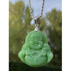 Laughing Buddha Green Jade Pendant Silver Necklace Rope Chain Genuine Certified Grade A Jadeite Jade Hand Crafted, Jade Necklace, 14k Laughing Jade Buddha necklace, Jade Medallion