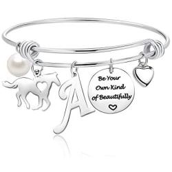 EXGOX Initial Charm Bracelets Horse Gifts for Women Girls,Engraved A-Z Letters Initial Charm Bracelet Horse Jewelry Horse Gifts for Best Friend Kids Teens Lovers Women Girls