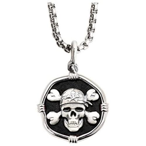 Guy Harvey Pirate Skull Pendant Black Enamel Sterling Silver on 22'' Durable Necklace Chain