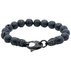 Blackjack Jewelry Mens Genuine Lava Stone Black Stainless Steel Bead Bracelet Black CZ Skull Lobster Clasp