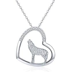 TRISHULA Wolf Necklace, 925 Sterling Silver Howling Wolf Heart Necklace with Cubic Zircon Animal Pendant Necklace Wolf Gift for Women Girls 18''+2'' (Gift Box Included)