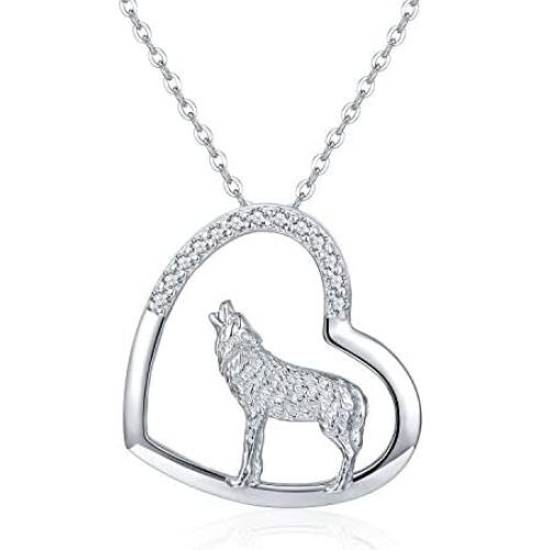 TRISHULA Wolf Necklace, 925 Sterling Silver Howling Wolf Heart Necklace with Cubic Zircon Animal Pendant Necklace Wolf Gift for Women Girls 18''+2'' (Gift Box Included)