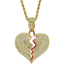PAMTIER Mens Iced Out Full Diamond Broken Heart Pendant Necklace Chain Silver Gold