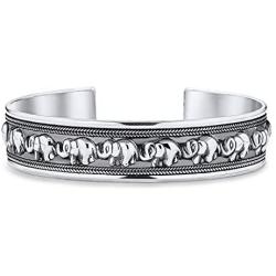 Bali Style Good Luck Elephant Bangle Cuff Bracelet For Women Solid Heavy Antiqued 925 Sterling Silver