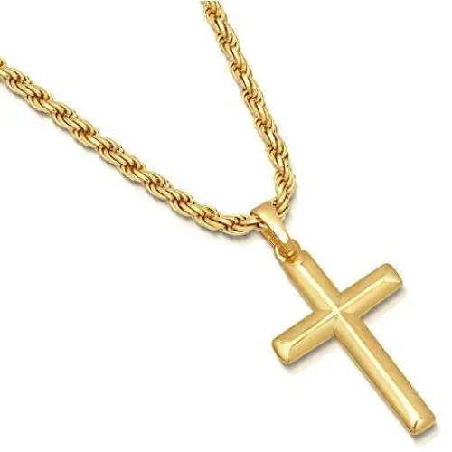 14K Gold Plated Sterling Silver Cross Pendant Italian 3mm Rope Chain Necklace - Choice of Sizes 14K Gold Plated Sterling Silver Cross Pendant Italian 3mm Rope Chain Necklace - Choice of Sizes