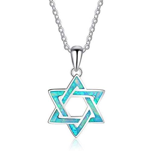 Lam Sence Sterling Silver Lovely Jewish Star of David and Blue Opal Pendant Necklace Gift for Mom