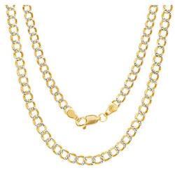 Nuragold 10k Yellow Gold 3.5mm Cuban Chain Curb Link Diamond Cut Pave Two Tone Pendant Necklace, Mens Womens Lobster Lock 16'' 18'' 20'' 22'' 24'' 26'' 28'' 30''