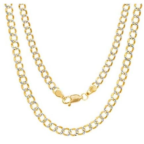 Nuragold 10k Yellow Gold 3.5mm Cuban Chain Curb Link Diamond Cut Pave Two Tone Pendant Necklace, Mens Womens Lobster Lock 16'' 18'' 20'' 22'' 24'' 26'' 28'' 30''